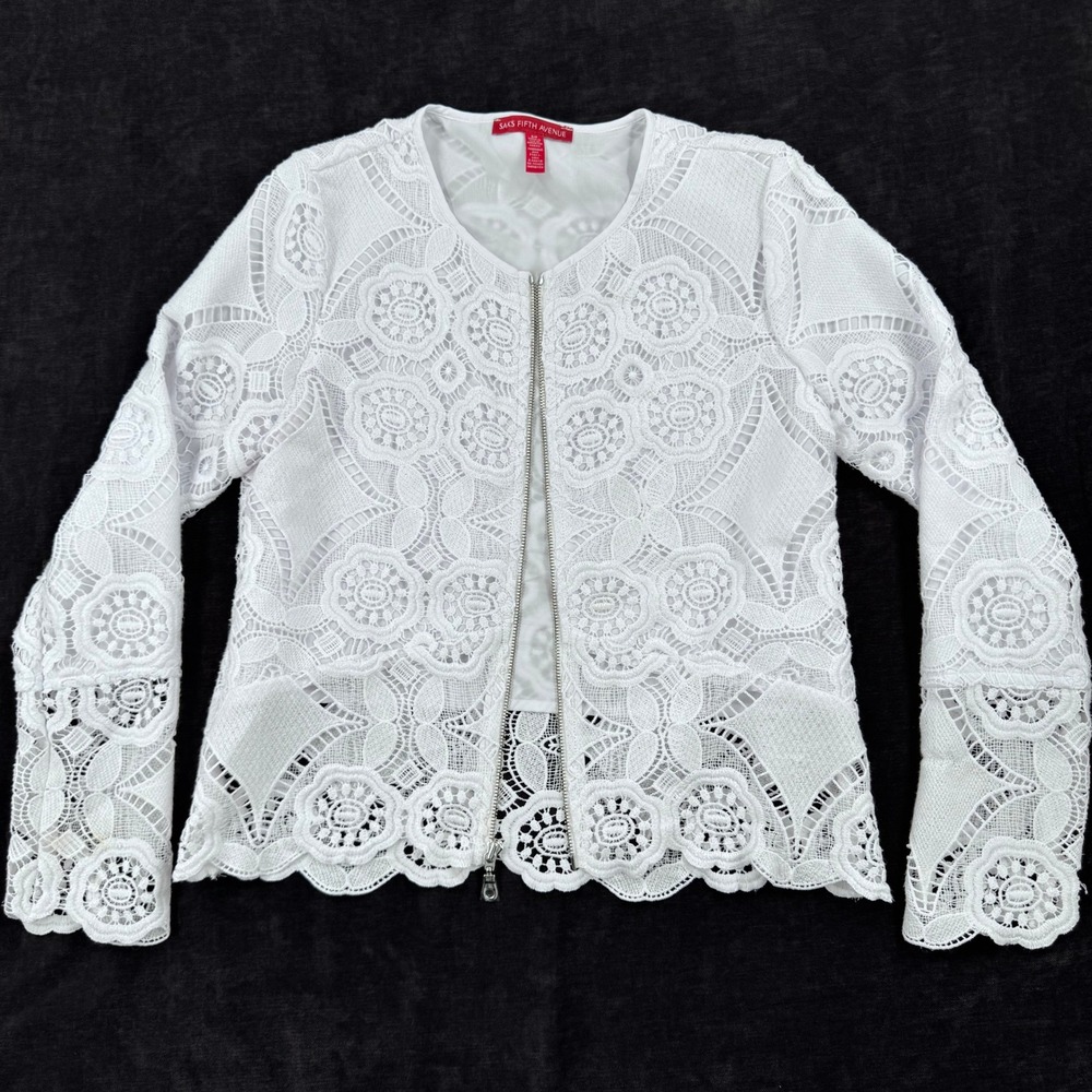Saks Fifth Avenue Small White Lace Zip Jacket Floral Crochet Sheer Long Sleeve - Picture 1 of 9